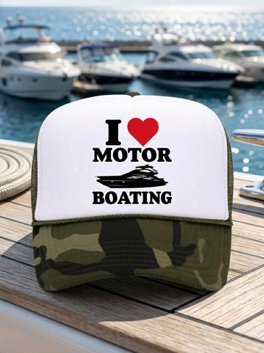 I Love Motor Boating Funny Yacht Camo White Foam Rope Snapback Trucker Hat Retro